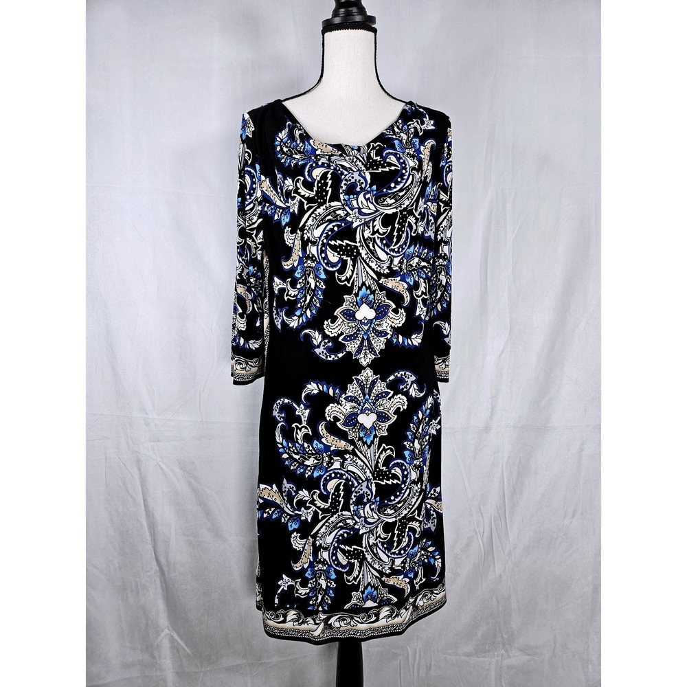 White House Black Market Medium Black Blue Paisley 3/4 Sleeve Shift Dress